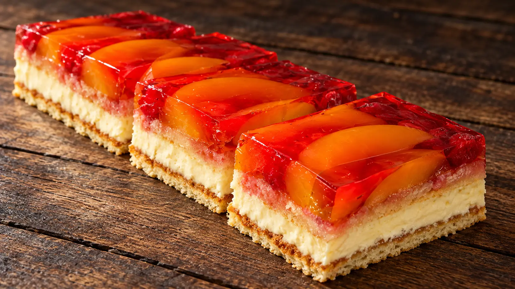 Fruchtschnitten mit Pfirsich und roten Beeren unter glänzendem Guss