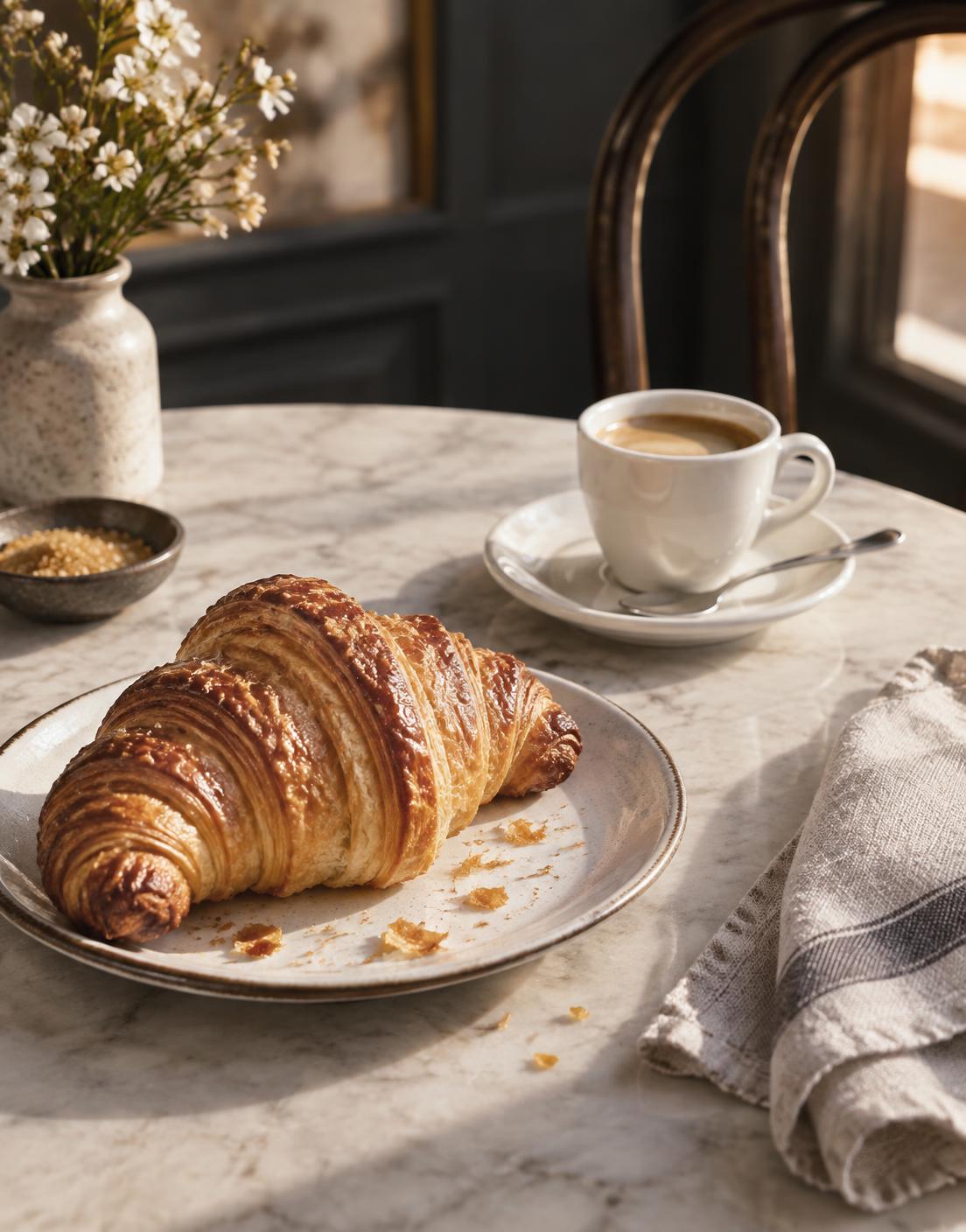 Kaffee und feines Gebäck auf einem hellen Cafétisch