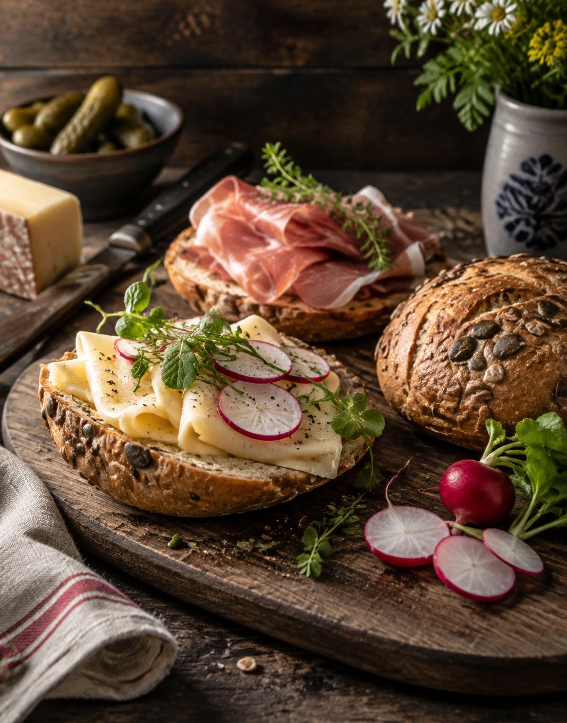 Herzhafte Jause auf frisch gebackenem Brot